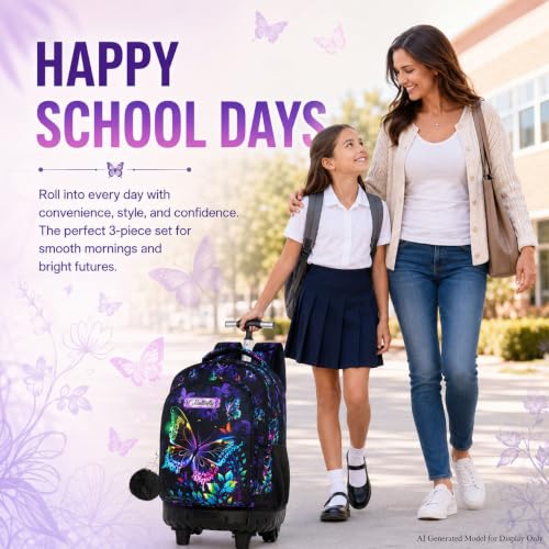 HPJGD 3PCS Rolling Backpack for Girls, Womens Butterfly School Backpacks with Wheels, Water Resistant Roller Kids Wheeled Bookbag Set with Lunch Box - color: Black Butterfly Rolling Set
