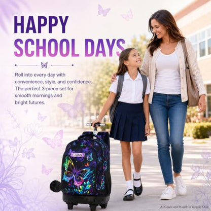 HPJGD 3PCS Rolling Backpack for Girls, Womens Butterfly School Backpacks with Wheels, Water Resistant Roller Kids Wheeled Bookbag Set with Lunch Box - color: Black Butterfly Rolling Set