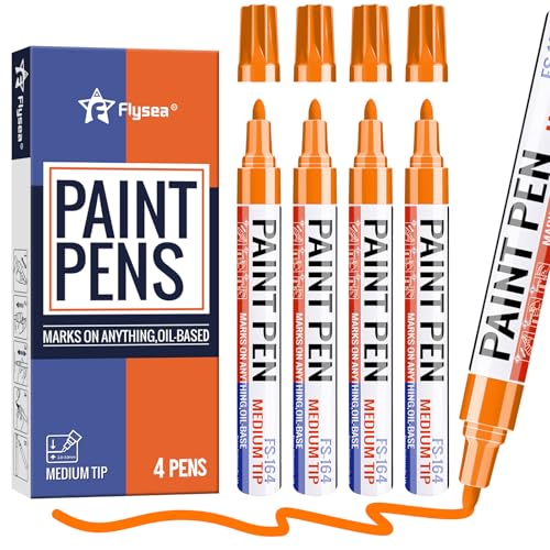 Orange Paint Pens Permanent Marker Pen 4 Pcs Waterproof Oil Based Paint Markers 3mm Medium Round Tip Quick-drying Paint Marker Pens for Rock Painting, Black Paper, Metal, Tyre, Glass, Wood - color: Orange