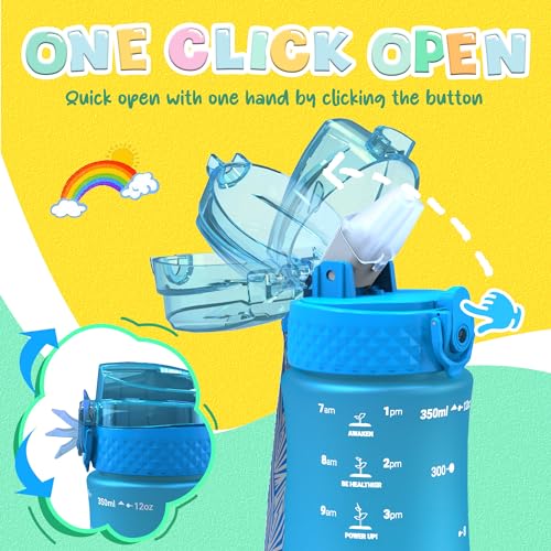 OLDLEY Kids Water Bottle for School, 12 oz (2 lids) BPA-Free Reusable Leak-proof Durable Tritan Plastic Water Bottles with Straw & Chug Lids, Anti-dust Spout Cover (Blue) - color: A-Blue, size: 12 Ounces