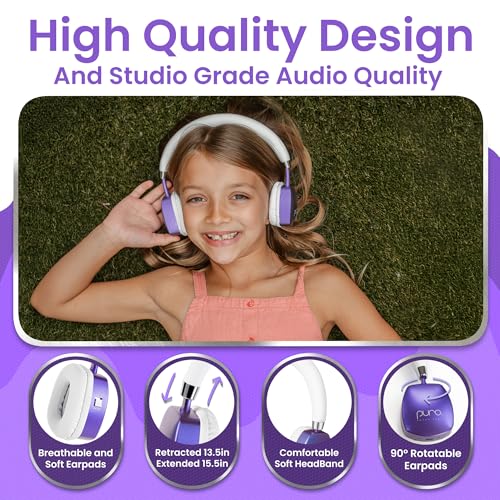 Puro Sound Labs Noise Cancelling Headphones for Kids - 85 dB Volume Limit, Built in Mic, 35-Hour Battery, Lightweight On Ear Design & Comfy Fit, Bluetooth Headphones for Kids – PuroQuiet Plus, Purple - color: Purple