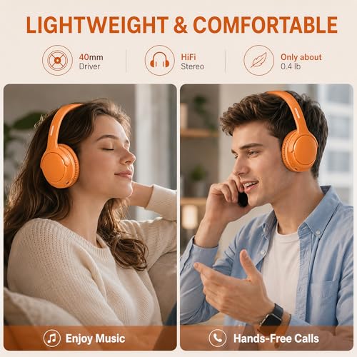 MIDOLA Bluetooth Headphones Over Ear, 68H Playtime Wireless Headphones with Microphone, 6 EQ Modes, HiFi Stereo Deep Bass, Foldable Lightweight Headset for Home Office, Cellphone, PC, Orange - color: Orange