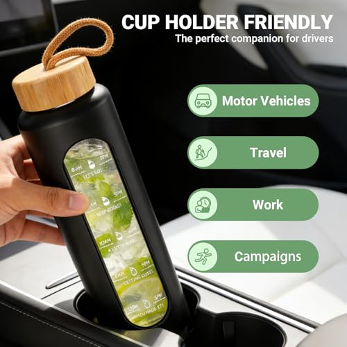Sursip 32 oz Glass Water Bottle, Time Marker with Silicone Sleeve & Lid | 1 Liter BPA-Free Motivational Bottle, Leak-Proof Dishwasher Safe - color: Beige