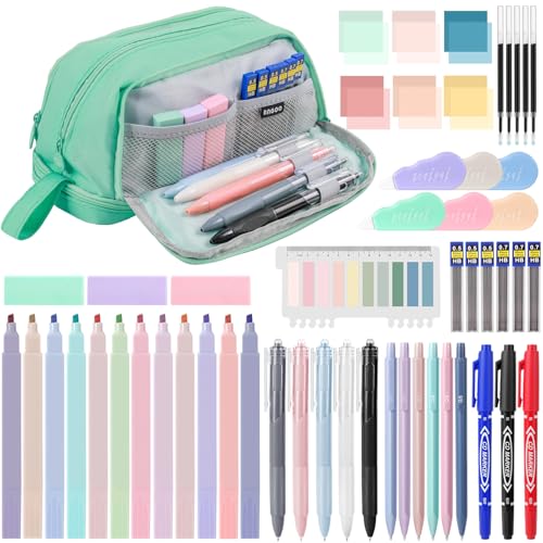 54 PCS Aesthetic School Supplies, Stationery Essentials Set with Large Pen Case, Mechanical Pencils & Gel Pens with Refills, Markers, Erasers, Highlighters, Sticky Notes, Correction Tapes (Green) - color: Green