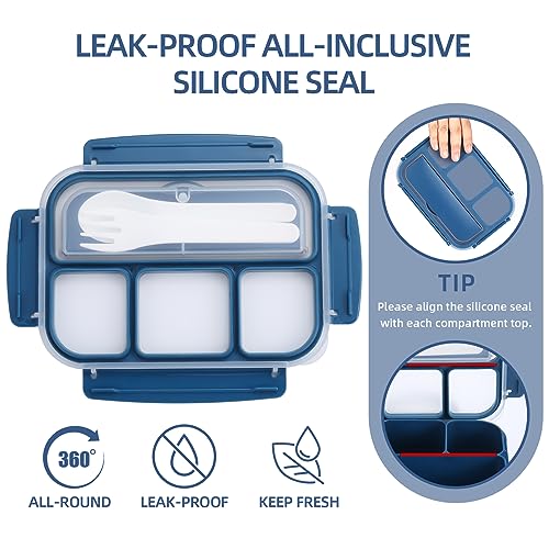QQKO Bento Box Adult Lunch Box, Lunch Containers for Adults Men Women, Kids Lunch Boxes for School with 4 Compartments, Sauce Container, Utensils and Muffin Cups, Navy - color: Navy