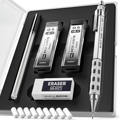 Nicpro Blocky Gear 0.5 mm Mechanical Pencil Set in Case | Metal Pencil with Lead Refills, Eraser for Professional & Adult Art Writing Drafting Drawing - size: 0.5 mm