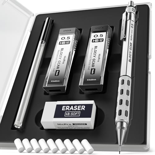 Nicpro Blocky Gear 0.5 mm Mechanical Pencil Set in Case | Metal Pencil with Lead Refills, Eraser for Professional & Adult Art Writing Drafting Drawing - size: 0.5 mm