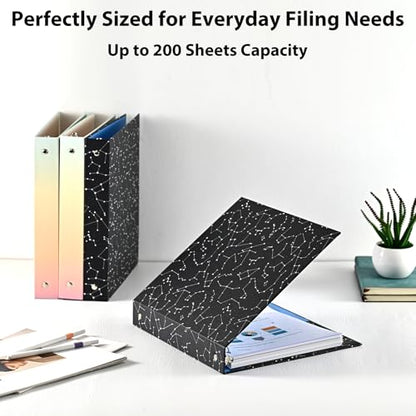 SUIN 1-inch 3-Ring-Binder with Pockets, Decorative 12 Zodiac Star Chain, 1" Stylish Round Ring Binder for Work/Home/Back to School,2-Pack