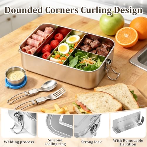 Qtencas Stainless Steel Lunch Box, 47oz / 1.4L Stainless Steel Bento Box | Metal Lunch Bento Box with Removable Dividers, Leakproof Condiment Containers, Dishwashing Sponge and Foldable Sporks - size: 47oz