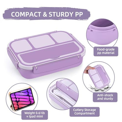 QQKO Bento Box Adult Lunch Box, Lunch Containers for Adults Men Women, Kids Lunch Boxes for School with 4 Compartments, Sauce Container, Utensils and Muffin Cups, Purple - color: Lavender