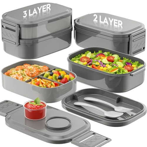 BiuLeon Bento Box Adult Lunch Box, 65 Oz Capacity Lunch Containers(Adjustable 2/3 Tier), BPA-Free, Leak-Proof and Stackable Bento Lunch Box, Microwave & Dishwasher Safe with Utensils(Gray) - color: Gray