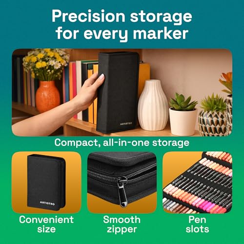 ARTISTRO Acrylic Paint Pens With Storage Bag for Calligraphy - Markers With Brush and Fine Precision Tips - Multisurface Painting for Fabric, Rock, Glass, and More (72 Markers, Dual Tip Brush + Fine)