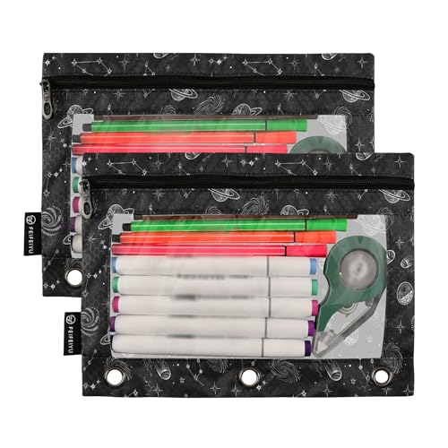 Space Planet Stars Moon Binder Pouches 3 Ring for Boys Girls School Office College Supplies Galaxy Black Universe Rocket Pencil Pouches Case Bag with Clear Window and Zipper 2 Pack - color: Space