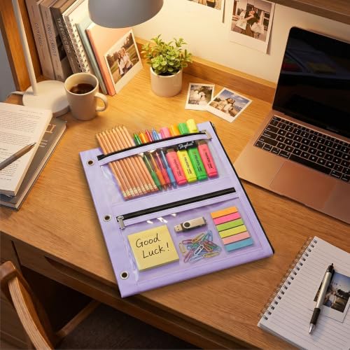 SKYDUE Pencil Pouch for 3 Ring Binder, 3 Compartment Zipper Pencil Case, Large Capacity Pen Organizer with Clear PVC Window for School Supplies, Students, Kids & Teachers - color: Purple