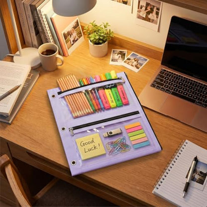 SKYDUE Pencil Pouch for 3 Ring Binder, 3 Compartment Zipper Pencil Case, Large Capacity Pen Organizer with Clear PVC Window for School Supplies, Students, Kids & Teachers - color: Purple