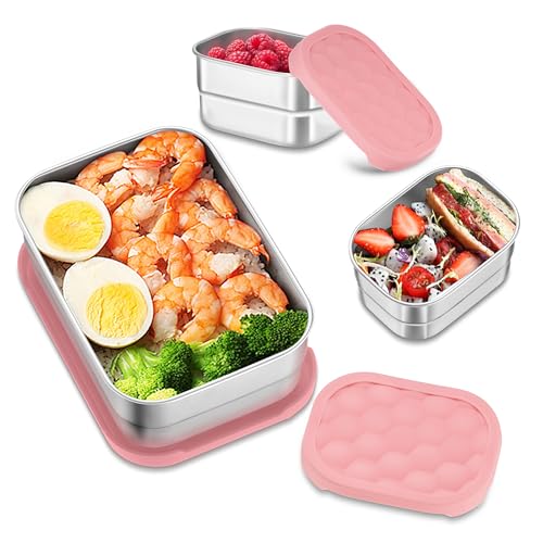 HaWare 8oz*2+25oz Stainless Steel Lunch Box for Kids, Leak Proof Lunch Container with Silicone Lids, Easy Open Food Storage Bento Box for School and Daycare, Dishwasher Safe - color: Pink, size: 8oz×2+25oz×1