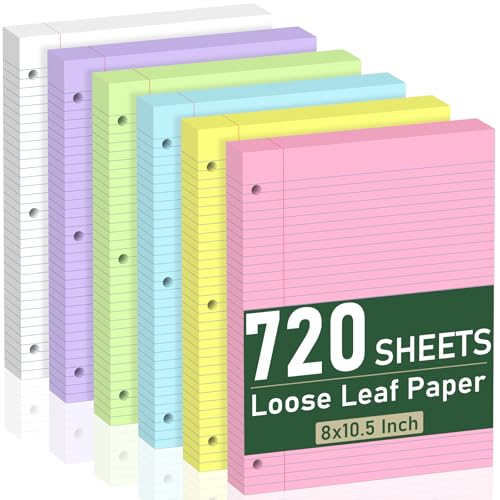 720 Sheets Loose Leaf Paper, 6-Color Lined Paper Notebooks, 8 x 10.5 College Ruled Filler Paper, 3-Hole Punched Binder Paper, Double-Side Printed Writing Paper Notepads for Home, Office, School - color: Colored