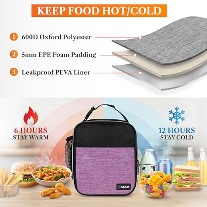 opux Insulated Lunch Bag for Kids Girls, Small Compact Lunch Box with Wide Opening & Mesh Pockets, Reusable Lunch Pail for School, Work, Adults, Women, Heather Purple - color: Heather Purple