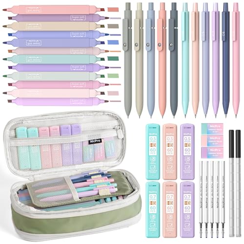 Nicpro 39 PCS Aesthetic School Supplies with Cute Pencil Case, 12 Color Pastel Highlighters, 5 Quick Dry Retractable Black Ink Pens, 6 Pastel Mechanical Pencil 0.5 & 0.7 mm for Student Stationary - color: Green, size: 1 Count (Pack of 39)