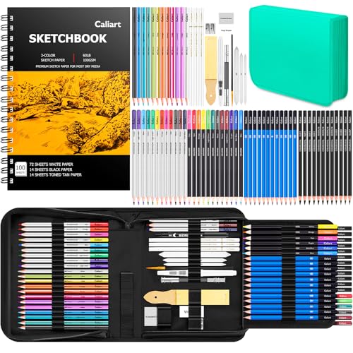 Caliart 176PCS Art Supplies Sketching Kit, 100 Sheets 3-Color Sketch Book | Graphite Colored Charcoal Watercolor & Metallic Pencils, Drawing Supplies Set Gifts for Artists Adults Teens Girls Boys Kids - color: Green