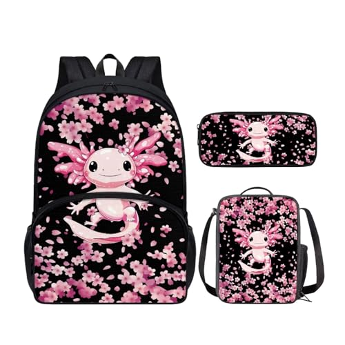 Cute Axolotl Backpack School Set 3Pcs with Lunch Box Pencil Case Sports Bookbag Back Pack Lightweight Casual Daypacks for Elementary Primary Middle School - color: Cute Axolotl