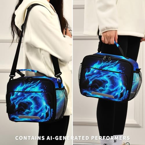 Blue Flame Dragon Kids Lunch Box Insulated Lunch Bags Cooler Tote Bag with Removable Shoulder Strap for Boy Girl Student 20856137 - color: Blue Dragon