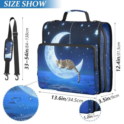 Cat Wind Chimes Moon 3 Ring Zipper Binder Bag Binder Organizer with Handle Shoulder Strap for School Work Office Supplies - color: Cat Wind Chimes Moon