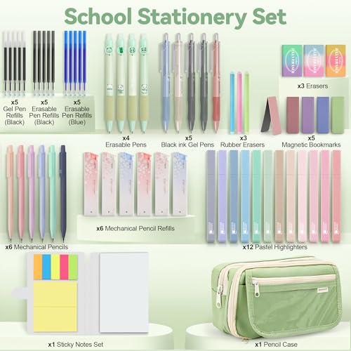 DazSpirit 61PCS Aesthetic College School Supplies Set with Cute Pencil Case | Pastel No Bleed Highlighters, Gel & Erasable Pens, Mechanical Pencils, Refills & Sticky Notes, Complete Stationery Kit - color: Green