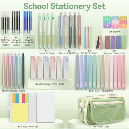 DazSpirit 61PCS Aesthetic College School Supplies Set with Cute Pencil Case | Pastel No Bleed Highlighters, Gel & Erasable Pens, Mechanical Pencils, Refills & Sticky Notes, Complete Stationery Kit - color: Green