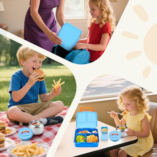 Bento Lunch Box for Kids with 8oz Soup Thermo Leak-Proof Lunch Food Containers with Snack Sauce Container for Kid Girls Boys to School, Blue - color: Pure Blue