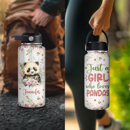 Hyturtle Personalized Panda Water Bottle - Insulated Stainless Steel Bottle with Leak-Proof Lid 18oz 32oz - Floral Panda Gift for Women, Girls, Panda Lovers, Animal Lovers - Birthday & Christmas Gift - color: Panda