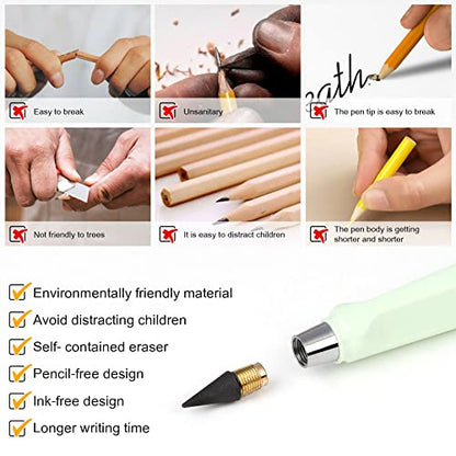 Ainiv Inkless Pencil with Eraser, 5 Sets Infinity Pencil Everlasting Pencil, Reusable Infinite Pencil with Extra 5 Eraser & 5 Replaceable Nibs, Endless Pencil for Home Office School Writing Drawing - color: 5PCS-Black、Red、Yellow、Green、Pink