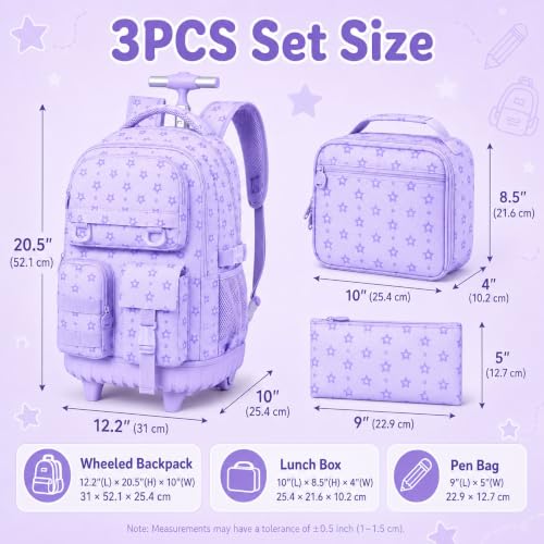 WZLVO 3PCS Rolling Bookbag, Water Resistance Girls Wheeled Backpack, Women Aesthetic Roller School Bag Set with Lunch Box & Pencil Bag for Teens & Kids - Purple Star - color: 3pcs Girls Rolling Backpack - Purple Star