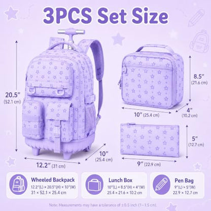 WZLVO 3PCS Rolling Bookbag, Water Resistance Girls Wheeled Backpack, Women Aesthetic Roller School Bag Set with Lunch Box & Pencil Bag for Teens & Kids - Purple Star - color: 3pcs Girls Rolling Backpack - Purple Star