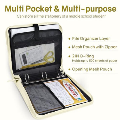 SUNEE Zippered Binder Bag with Handle, 2-Inch 3-Ring O-Ring, 500-Sheet Capacity, Includes Zip Pocket, 5-Tab Expanding File Folder, Multi-Pocket Organizer Binder for Middle School, Soft Beige - color: Soft Beige