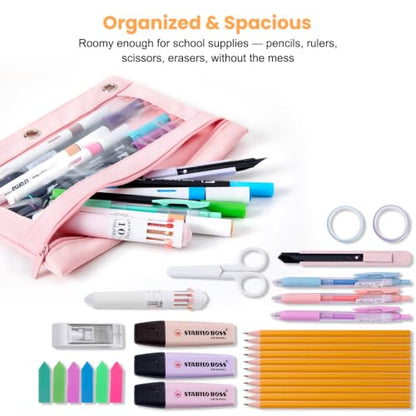 3 Ring Binder Pencil Pouch, Durable Pencil Case for School Supplies, Classroom Must Haves, 3-Hole Design Fits Binders, Zipper Closure, Ideal for Students/Back to School Pink - color: Pink