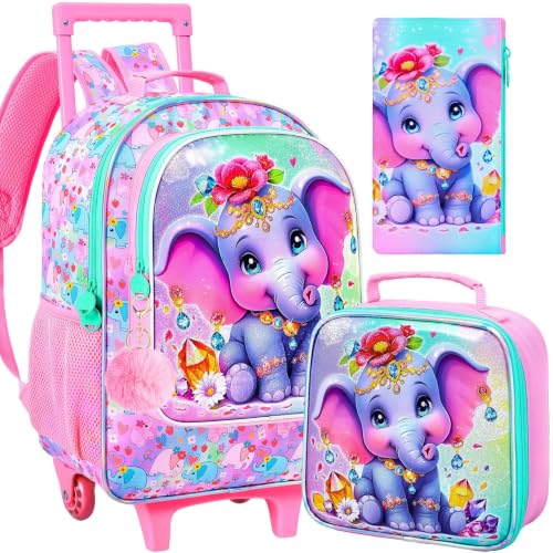 3Pcs Rolling Backpack for Girls, Kids Roller School Backpack with Wheels, Elephant Wheeled Bookbag for Elementary Preschool Kindergarten(Pink) - color: Elephant Pink