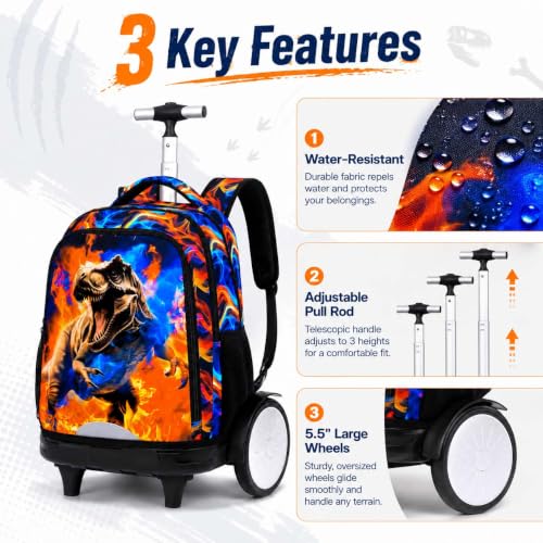 KLFVB Big Quiet-Glide Wheels Rolling Backpack, 3-in-1 Roller Bag Set with Lunch Bag | Water-Resistant Wheeled Bookbag for Boys, School, Travel, Play - Flame T-Rex - color: Rolling Backpack with Big Wheels - Flame T-Rex