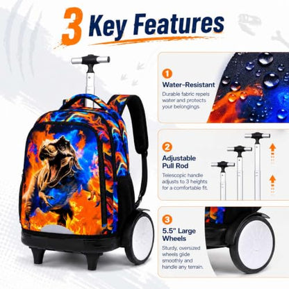 KLFVB Big Quiet-Glide Wheels Rolling Backpack, 3-in-1 Roller Bag Set with Lunch Bag | Water-Resistant Wheeled Bookbag for Boys, School, Travel, Play - Flame T-Rex - color: Rolling Backpack with Big Wheels - Flame T-Rex