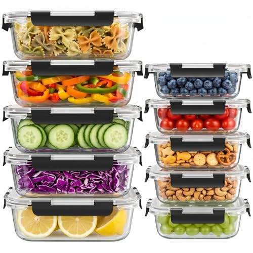 Dealusy 10 Sets (20-Piece) 36 oz & 12 oz Glass Food Storage Containers with lids, Airtight Leak-proof Glass Meal Prep Containers with Lids, Microwave Oven Freezer Dishwasher Safe, Black - color: Black