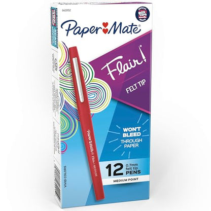 Paper Mate Flair Felt Tip Pens, Medium Point (0.7mm), Red Ink, 12 Count - Teacher Supplies, Arts & Crafts - color: Red