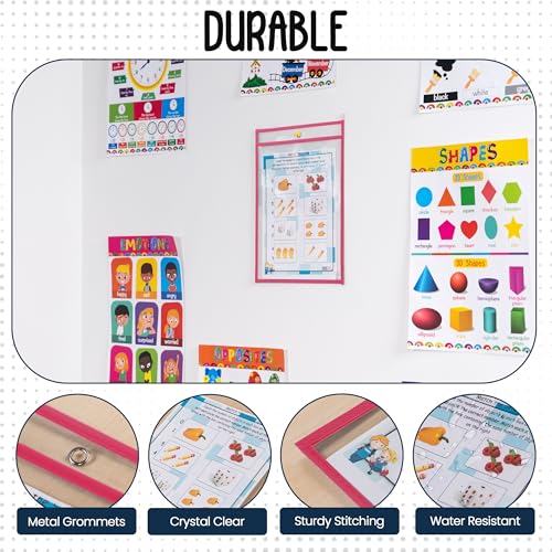 Essex Wares - 6 Pack, Hot Pink, Durable Water-Resistant Dry Erase Pocket Document Protectors, 10" Wide x 13.5" Tall - Dry Erase Clear Plastic Sleeves - Reusable & Easy Erase Plastic Invoice Holders - color: Hot Pink