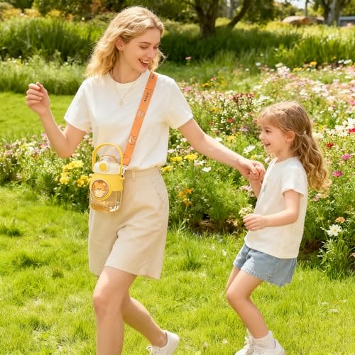 LEJN 28 oz Water Bottle Kawaii with Adjustable Shoulder Strap for Summer Cold Water Chill Portable Leakproof BPA-free Cartoon Children Cup Traveling Hiking Camping (Yellow820ml) - color: Yellow820ml