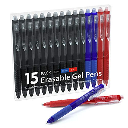 Lineon Erasable Gel Pens, 15 Pack Retractable Erasable Pens Clicker, Fine Point, Make Mistakes Disappear, 11 Black 2 Blue 2 Red Inks for School & Office - color: 15 Pack Black Blue Red