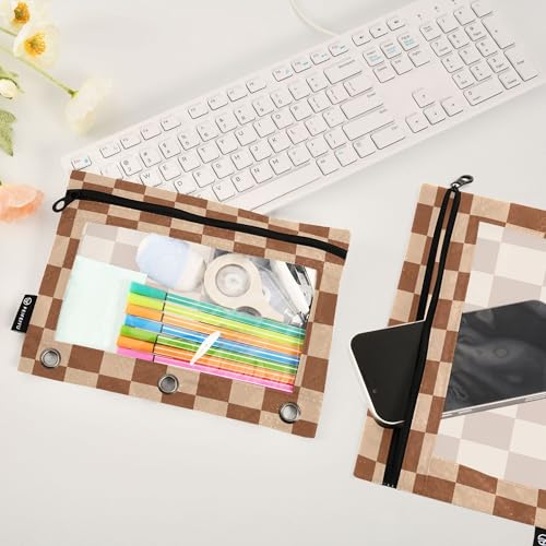 Saddlebrown Buffalo Plaid Binder Pouches 3 Ring for Boys Girls School Office College Supplies Brown Chessboard Wheat Pencil Pouches Case Bag with Clear Window and Zipper 2 Pack - color: Saddlebrown