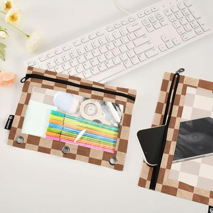 Saddlebrown Buffalo Plaid Binder Pouches 3 Ring for Boys Girls School Office College Supplies Brown Chessboard Wheat Pencil Pouches Case Bag with Clear Window and Zipper 2 Pack - color: Saddlebrown