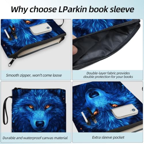 Padded Book Sleeve with Zipper & Front Pocket, Fabric Book Cover | Ice Blue Wolf Rose Flowers11.4"x8.7" Washable Canvas Pouch for Hardcovers, Tablets & Reading Accessories - color: Ice Blue Wolf Rose Flowers