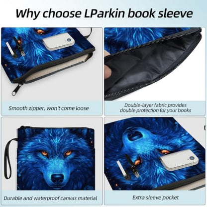 Padded Book Sleeve with Zipper & Front Pocket, Fabric Book Cover | Ice Blue Wolf Rose Flowers11.4"x8.7" Washable Canvas Pouch for Hardcovers, Tablets & Reading Accessories - color: Ice Blue Wolf Rose Flowers