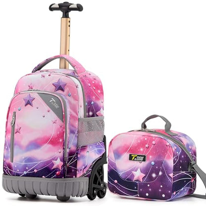 NEW TILAMI 16 Inch Rolling Backpack with Lunch Bag for Kids Adjustable Handle Carry-on Suitcase Wheels for Girls Boys School Travel Camping, Pink - Purple Galaxy - color: Pink - Purple Galaxy