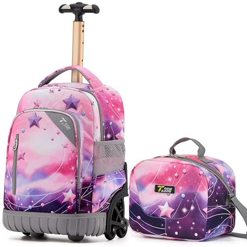 NEW TILAMI 16 Inch Rolling Backpack with Lunch Bag for Kids Adjustable Handle Carry-on Suitcase Wheels for Girls Boys School Travel Camping, Pink - Purple Galaxy - color: Pink - Purple Galaxy